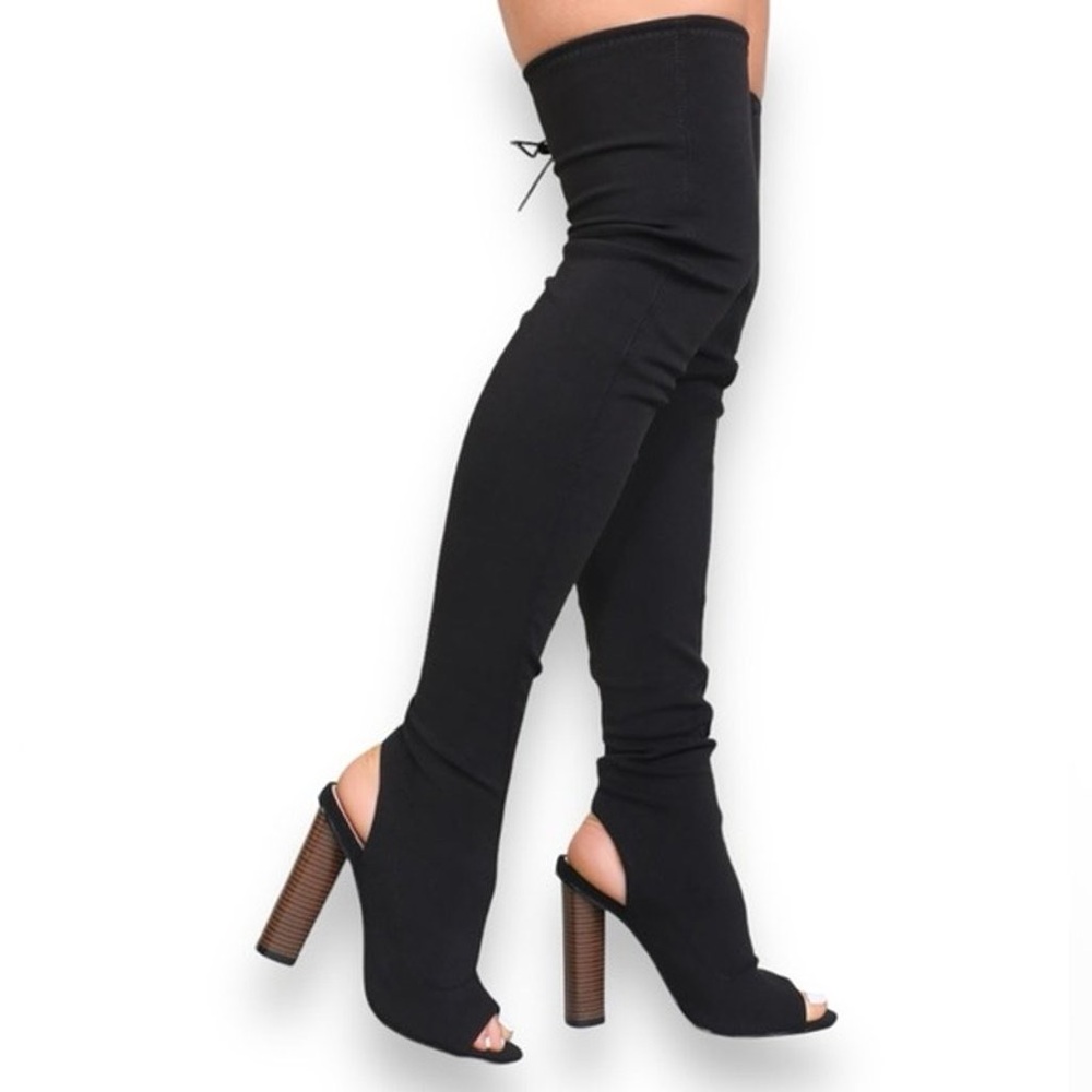 Peeptoe Heeled Boots Public Desire Stella Over the Knee Sock Fit Black Size 7 - Picture 11 of 16